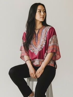 DASHIKI-Style Women’s Tunic Top Wine Red Boho Print Flutter-Sleeve V-Neck NWOT